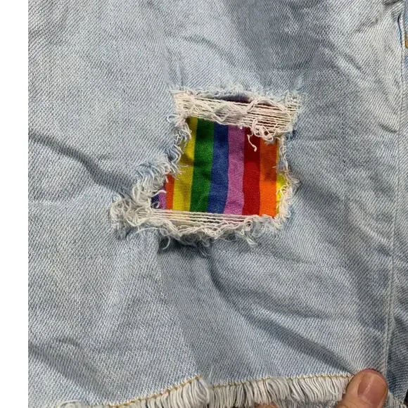Overall Shorts Womens Medium Blue Denim Jeans Rainbow Details Festival Casual - Picture 6 of 15